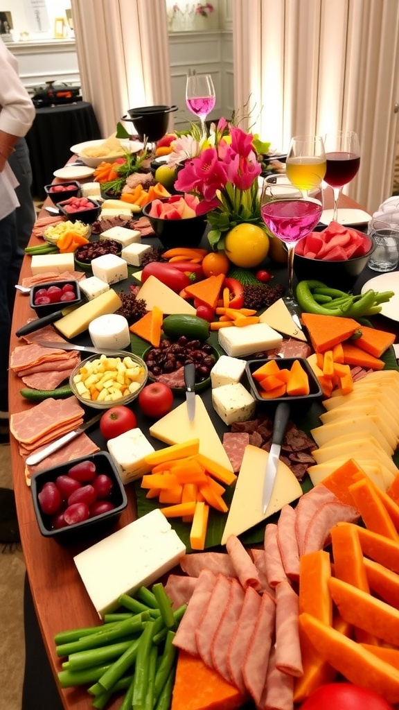 An appetizer grazing table filled with cheeses, meats, fruits, and dips, elegantly presented for guests to enjoy.